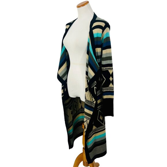 Love Stitch Long Geometric Striped Open Front Waterfall Cardigan Duster - Picture 7 of 16